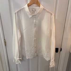 YAS Cream Button Down Shirt with Lace Detail